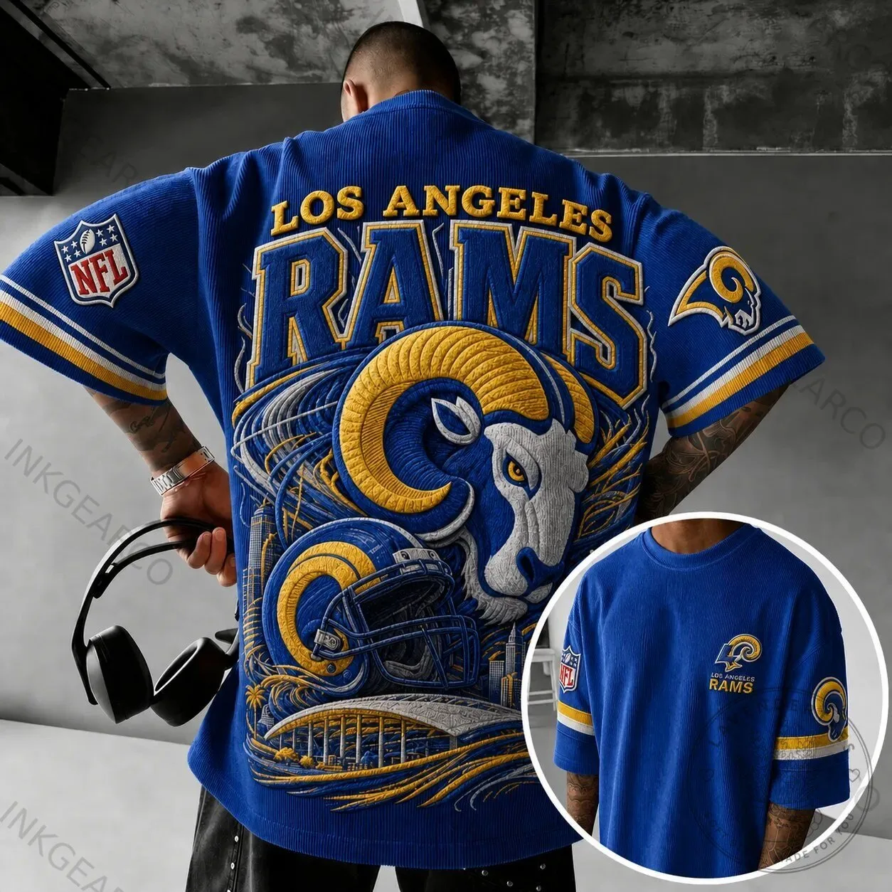 Los Angeles Rams NFL Football Team Blue Embroidered Fan Short-Sleeve T-Shirt