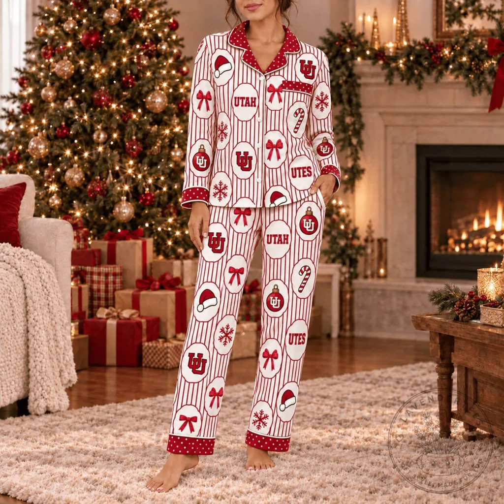 Utah Utes NCAA Christmas Holiday Striped Button-Up Pajamas Set Utah Utes NCAA Christmas Holiday Striped Button-Up Pajamas Set