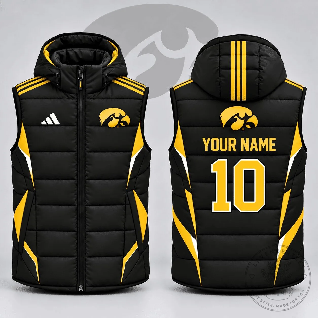 Iowa Hawkeyes Custom Name Number Detachable Hood Full Zip Puffer Vest