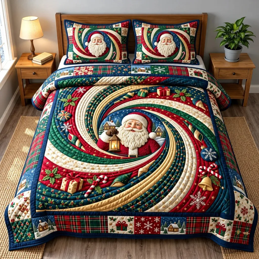 Santa Claus Christmas Swirl Quilted Bedding Set Santa Claus Christmas Swirl Quilted Bedding Set