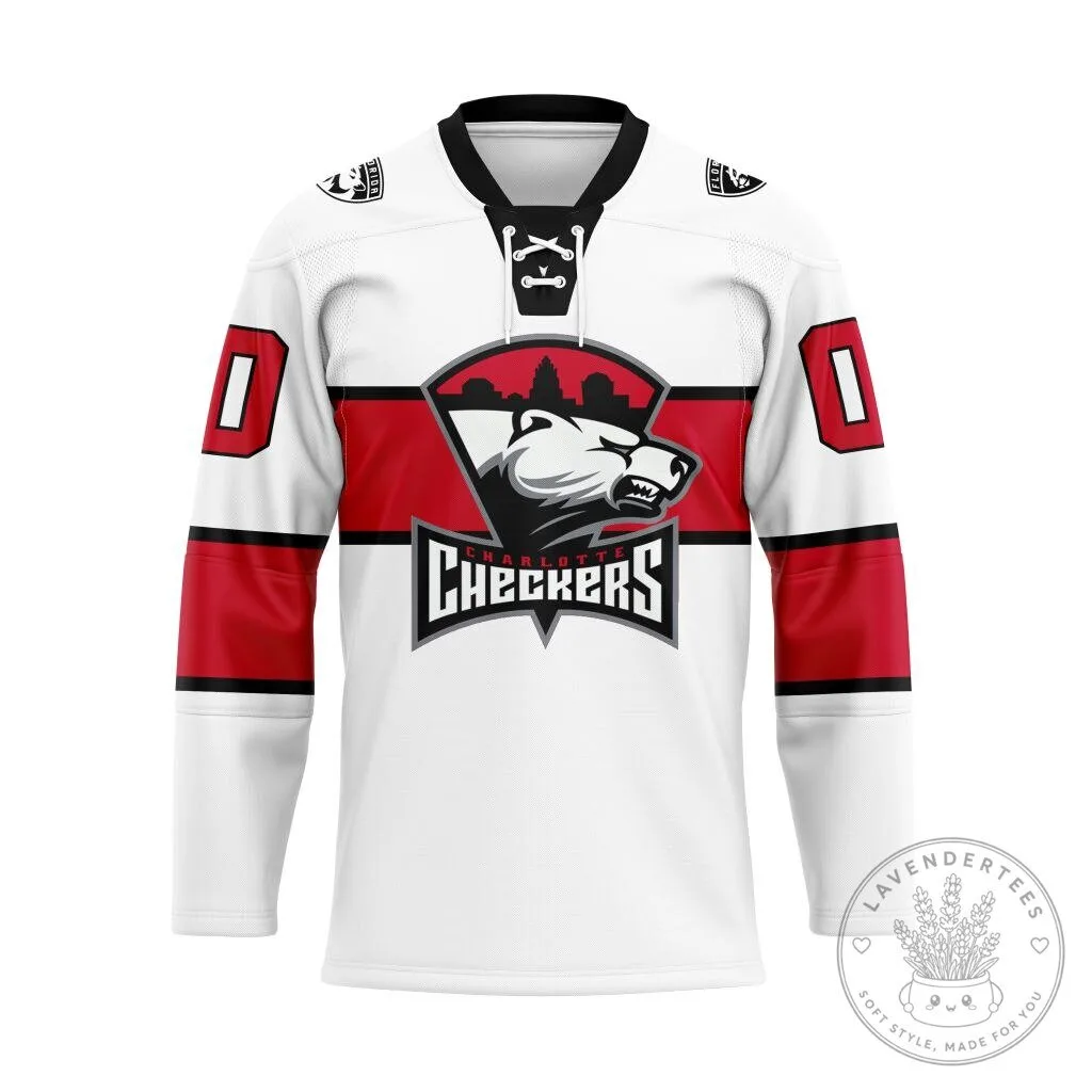 Charlotte Checkers Personalized White and Red Lace Hockey Jersey 37 Charlotte Checkers Personalized White and Red Lace Hockey Jersey