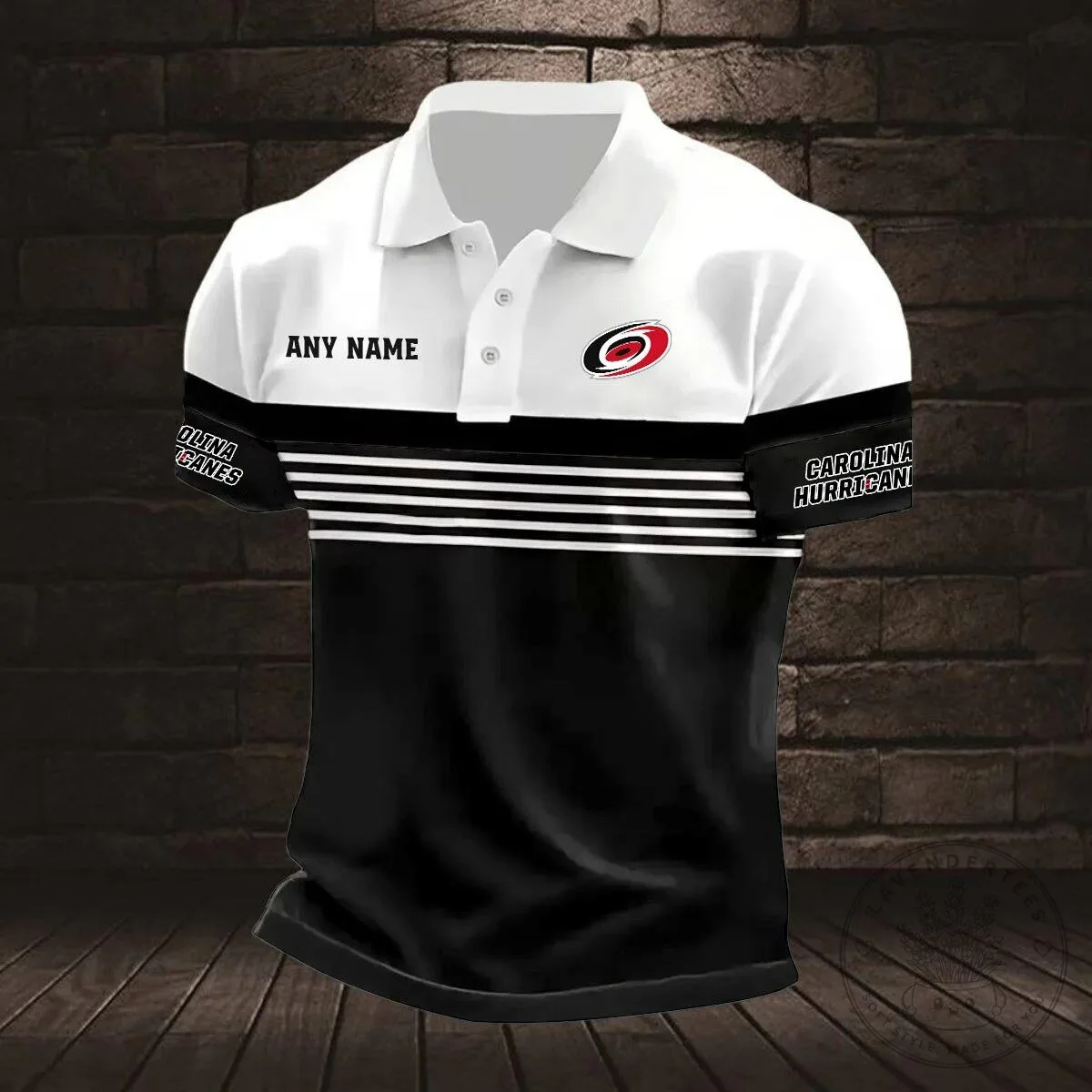 Customizable Black and White Striped Polo Shirt for Carolina Hurricanes Fans 1 Customizable Black and White Striped Polo Shirt for Carolina Hurricanes Fans