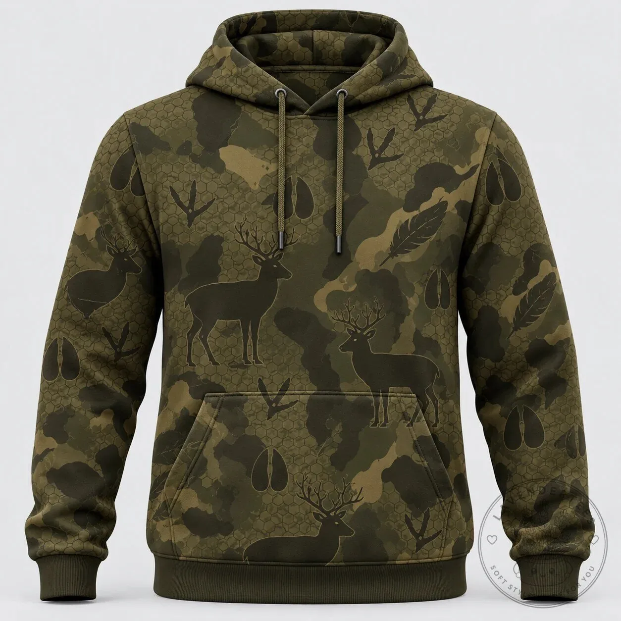 Deer Hunting Camouflage Pattern Hoodie with Antlers and Animal Tracks