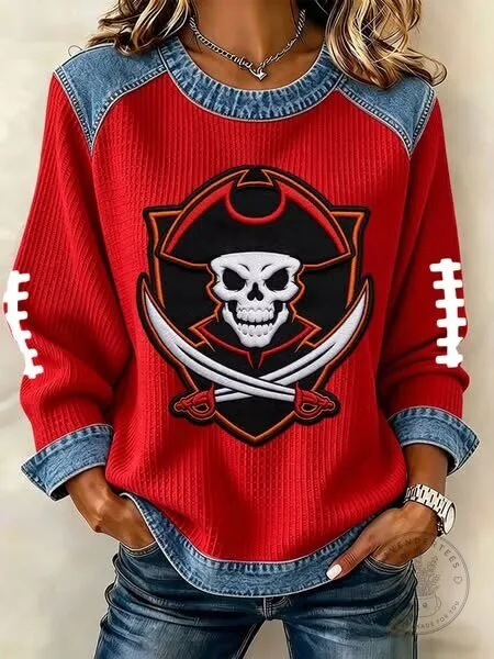 Pirate Skull and Swords Football Theme Women's Long Sleeve Sweatshirt