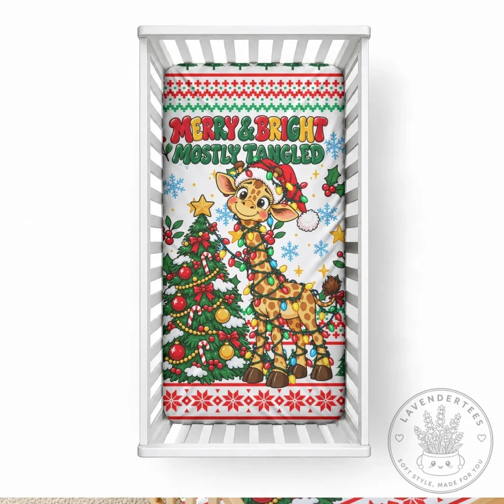 Merry and Bright Mostly Tangled Christmas Giraffe Baby Crib Fitted Sheet Merry and Bright Mostly Tangled Christmas Giraffe Baby Crib Fitted Sheet