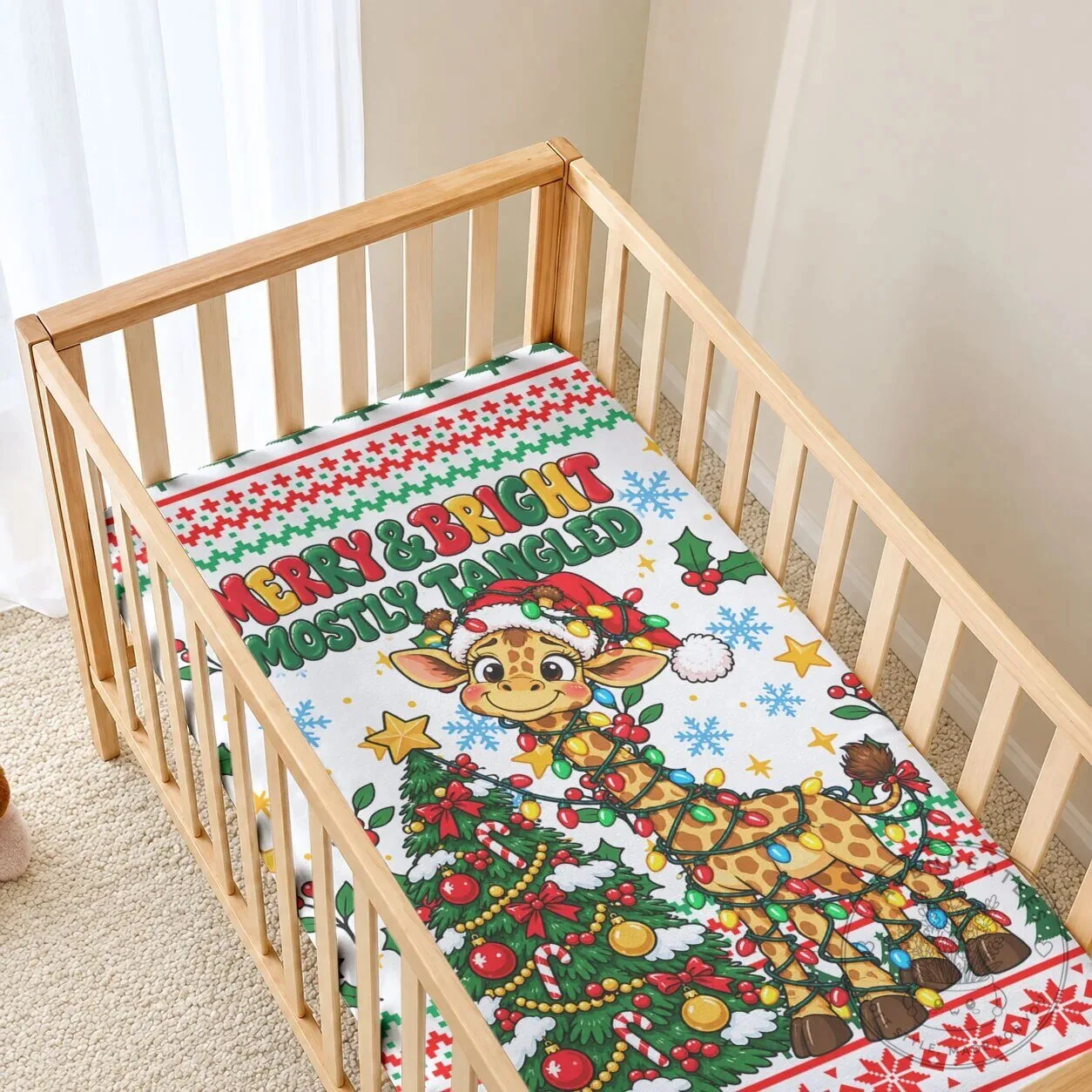Merry and Bright Mostly Tangled Christmas Giraffe Baby Crib Fitted Sheet 8 Merry and Bright Mostly Tangled Christmas Giraffe Baby Crib Fitted Sheet