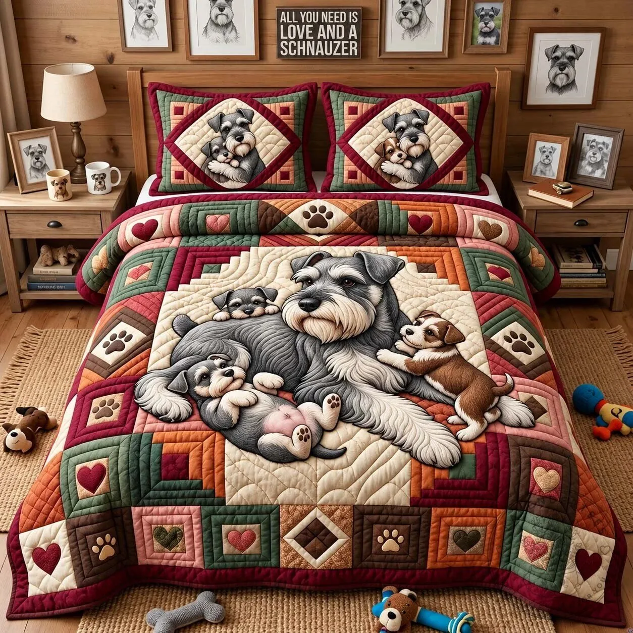 Schnauzer Family Love Quilted Bedding Set with Pillow Shams