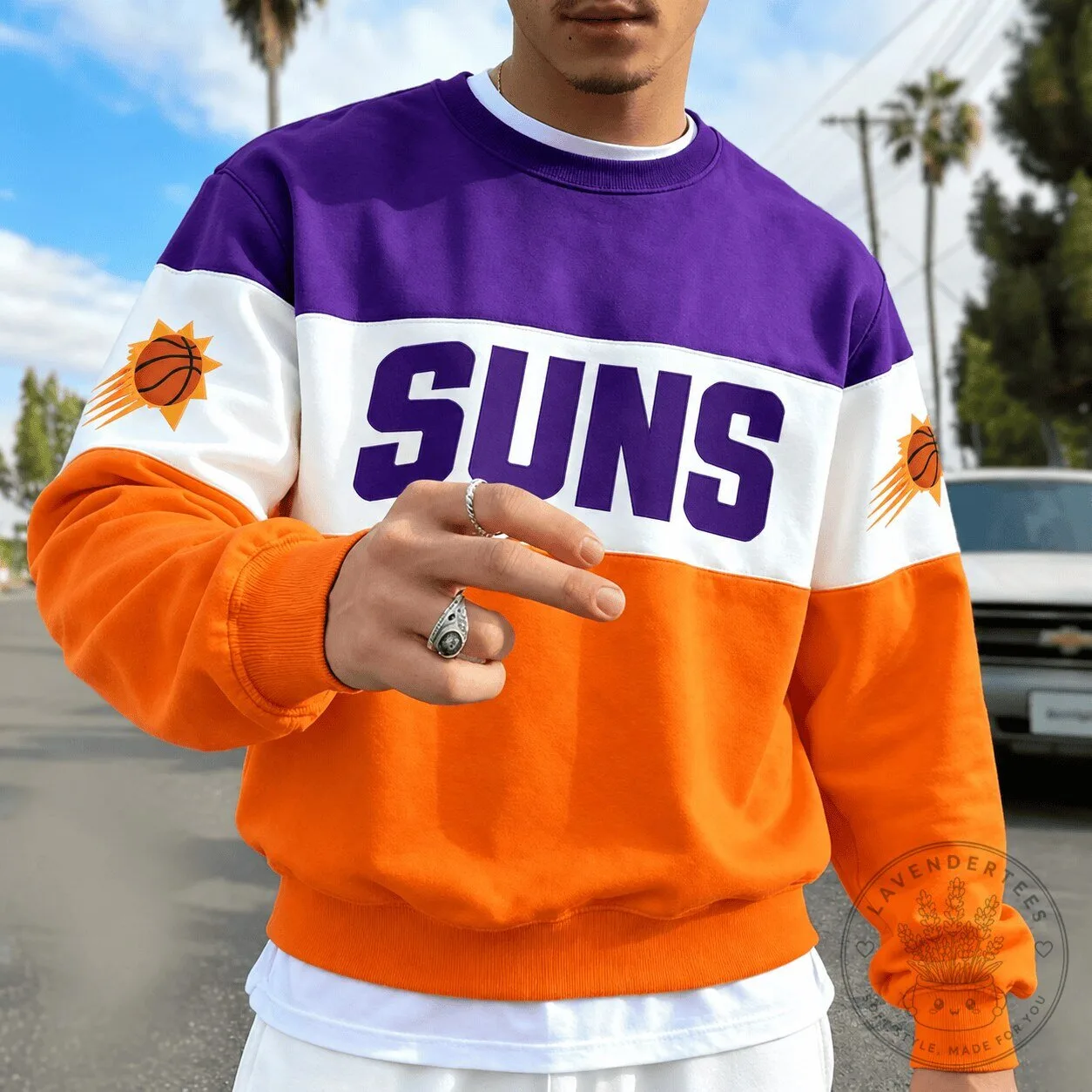 Phoenix Suns Basketball Team Orange Purple White Color Block Sweatshirt