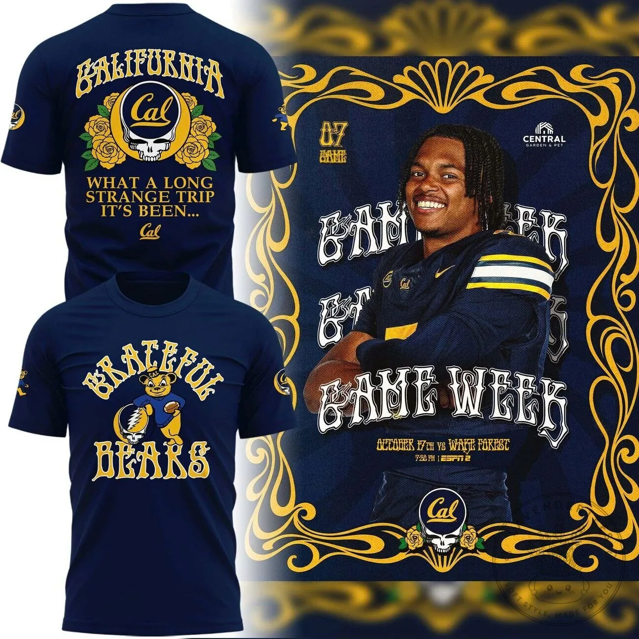 Navy Blue T-Shirt with Grateful Dead Skull and Roses for California Golden Bears Supporters