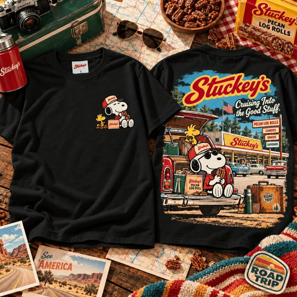 Stuckey's Snoopy Woodstock Vintage American Road Trip Pecan Log Rolls T-Shirt