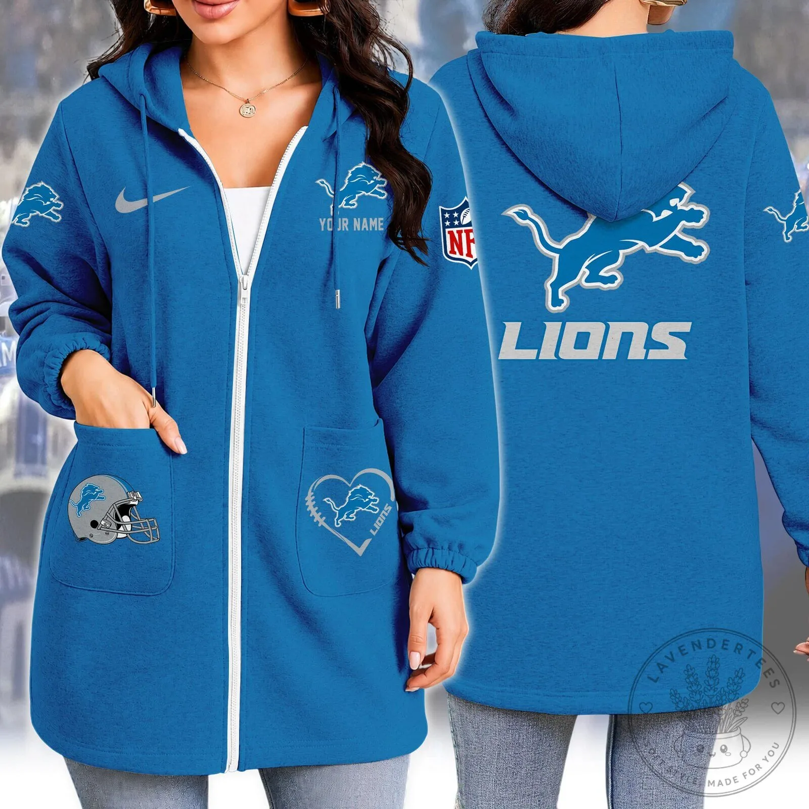 Detroit Lions Women's Full-Zip Hoodie with Pockets and Custom Name Option