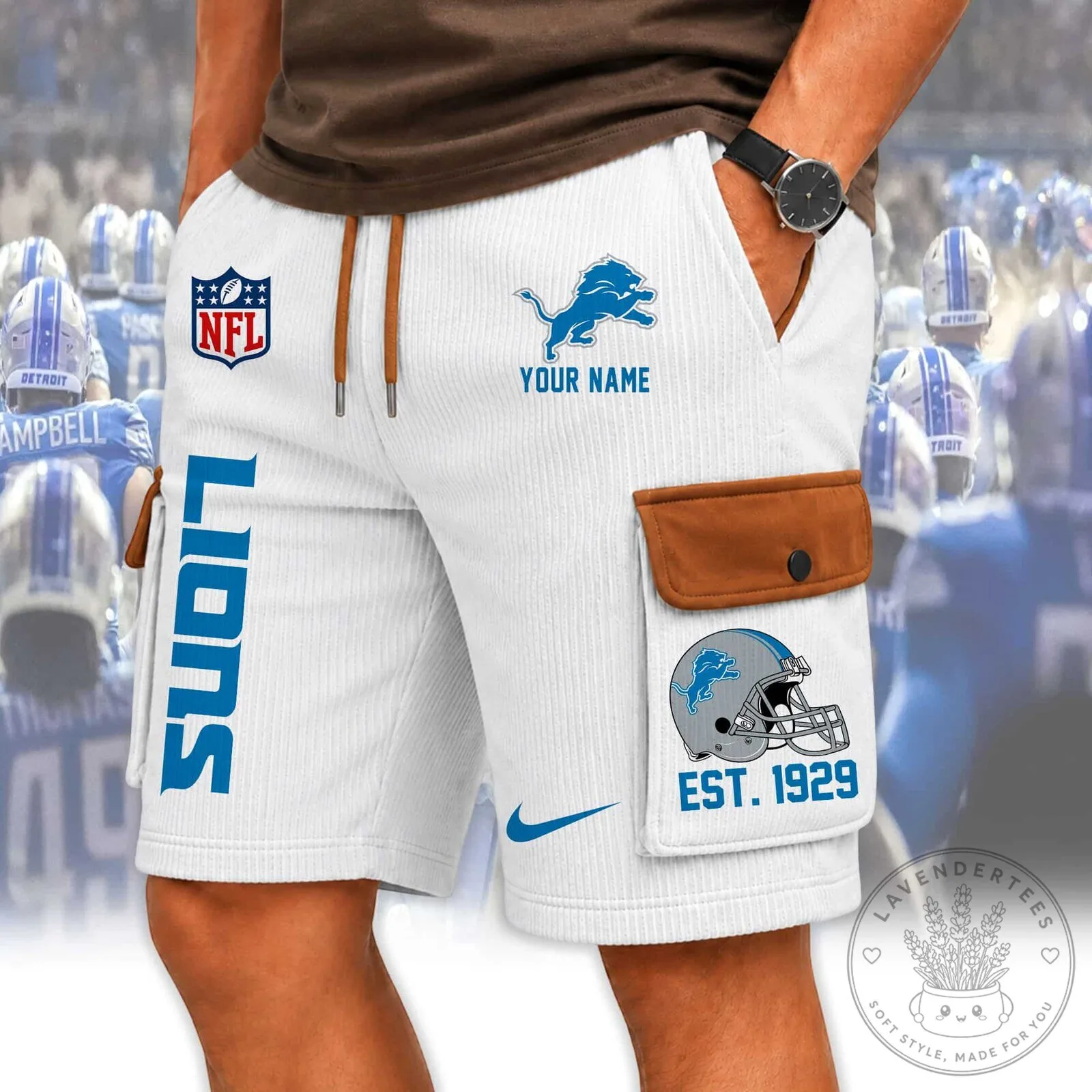 Detroit Lions NFL Football Team Logo White Cargo Shorts