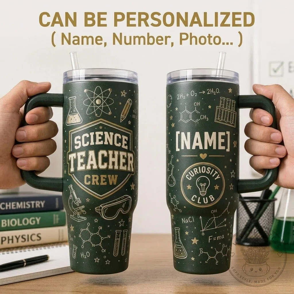 Science Teacher Crew Personalized Tumbler with Handle and Straw, Curiosity Club Gift
