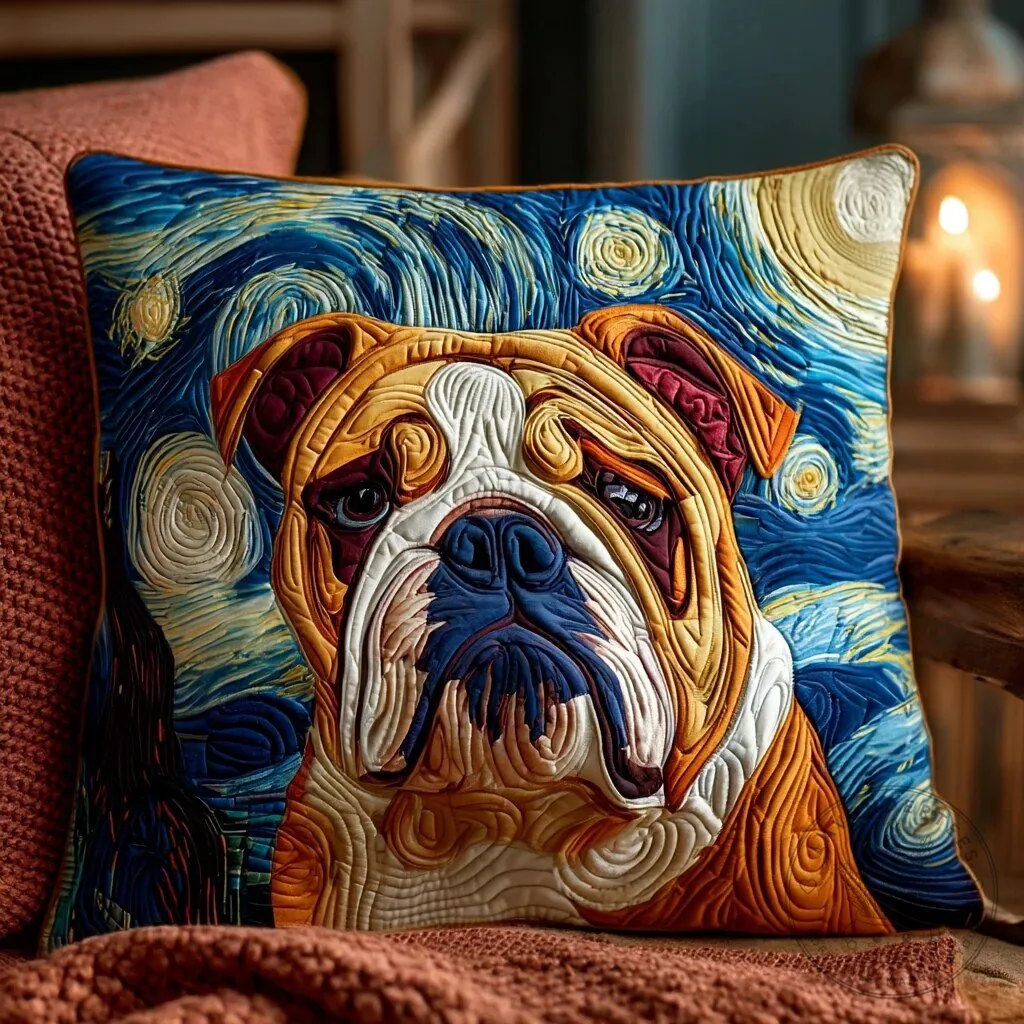 Bulldog Starry Night Quilted Decorative Pillow Case