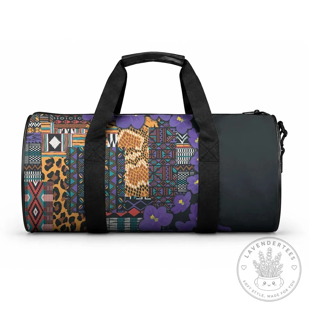 African Violets Flowers Tribal Pattern Duffle Bag with Leopard Print