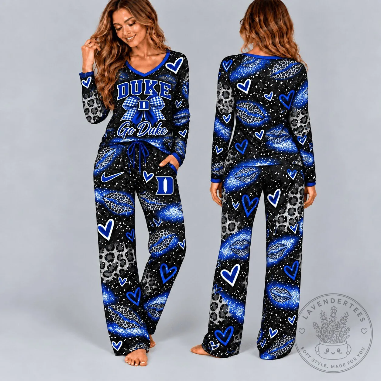 Duke Blue Devils Leopard Print Heart Pattern Pajamas Set
