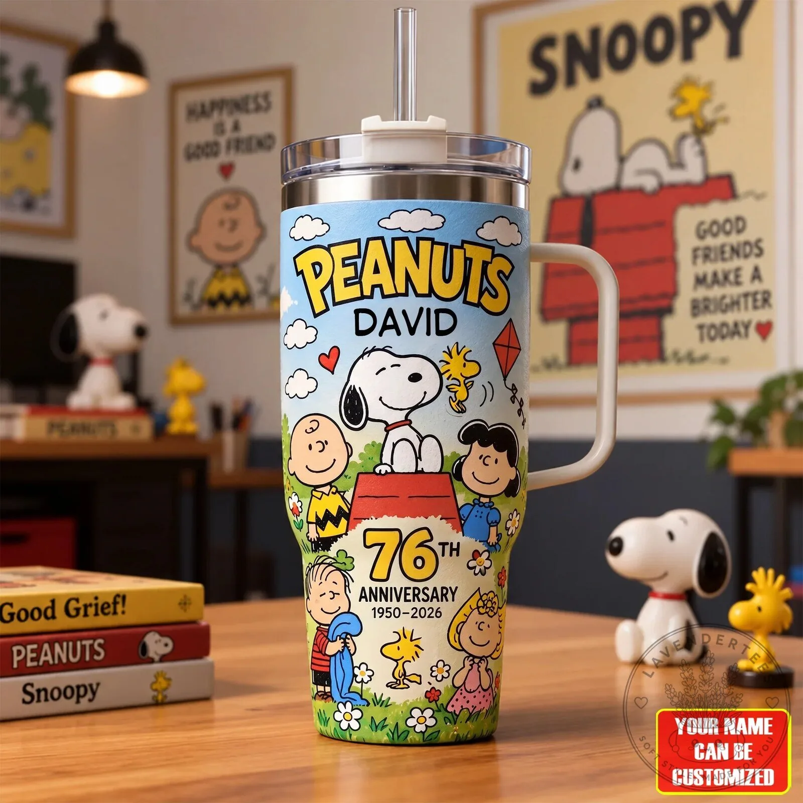 Personalized Tumbler with Handle for Peanuts Snoopy's 76th Anniversary