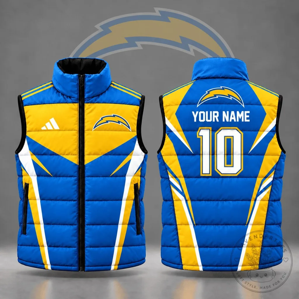 Los Angeles Chargers NFL Custom Name Number Bold Chevron Puffer Vest Los Angeles Chargers NFL Custom Name Number Bold Chevron Puffer Vest
