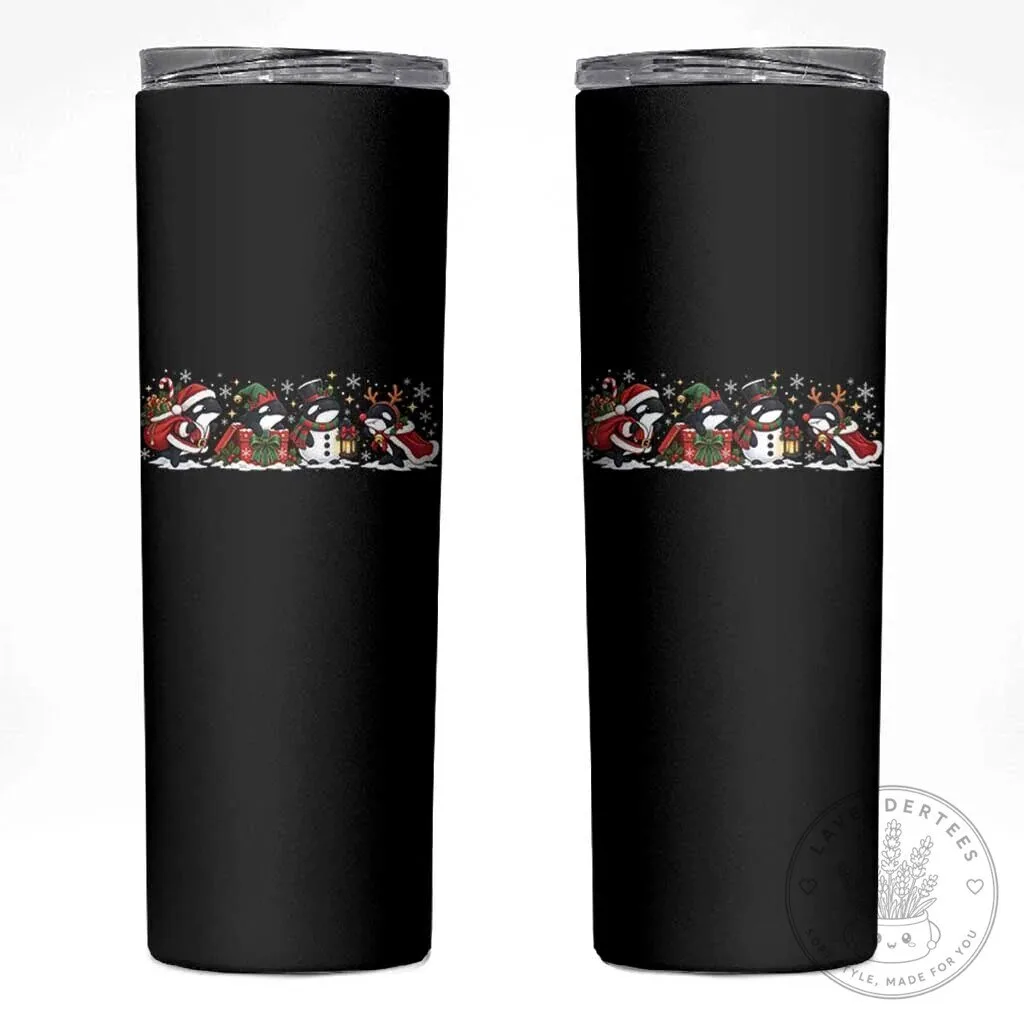 Christmas Orca Whale Holiday Skinny Tumbler with Santa Snowman Reindeer Design