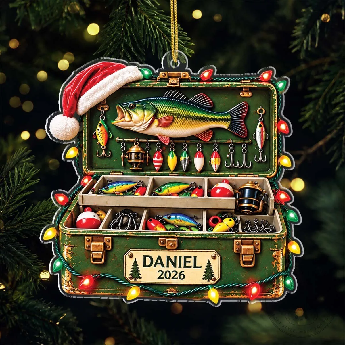Personalized Fishing Tackle Box with Bass Fish and Lures Christmas Tree Ornament