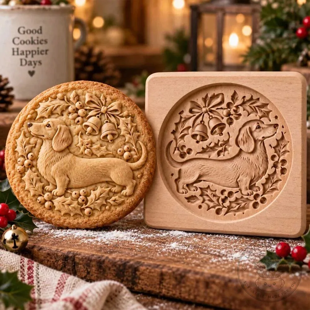 Dachshund Dog Christmas Cookie Mold Wooden Baking Stamp