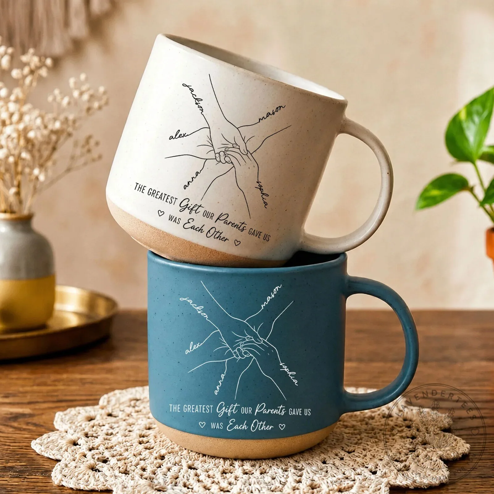 Personalized Family Hands Line Art Custom Name Gift for Parents Mug