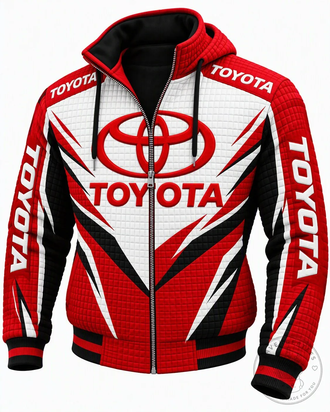 Toyota Red White Black Quilted Racing Style Full Zip Hoodie Jacket
